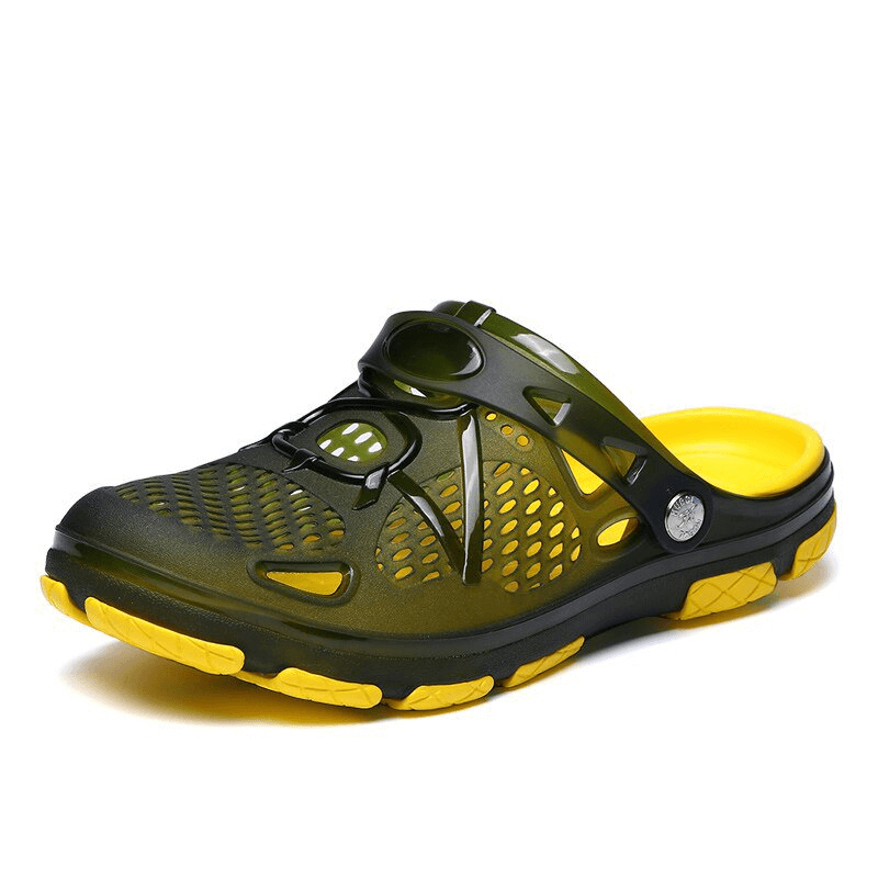 Men's lightweight breathable beach flip flops with locking strap in green and yellow, featuring open heel design and rubber outsole.